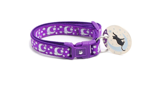 Collier pour chat violet foncé avec lunes et étoiles argentées