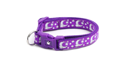 Collier pour chat violet foncé avec lunes et étoiles argentées
