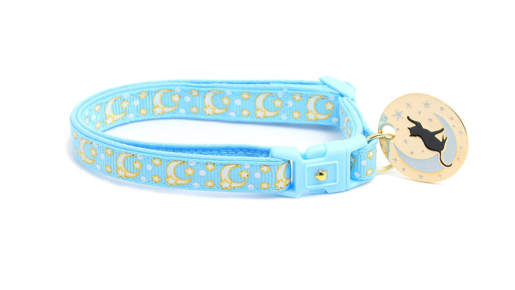 Collier Chat Gold Moons et Stars sur Bleu Poudré