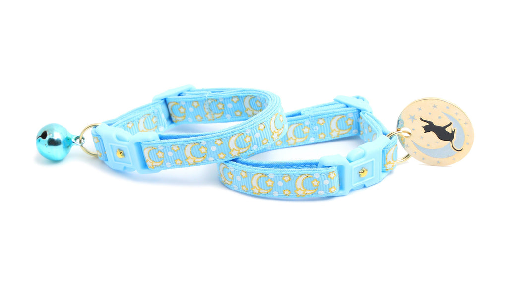 Collier Chat Gold Moons et Stars sur Bleu Poudré