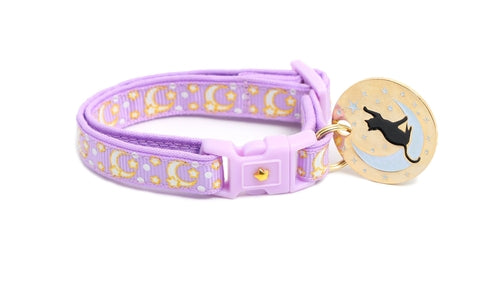 Collier Chat Or Lunes et Étoiles sur Violet Pastel
