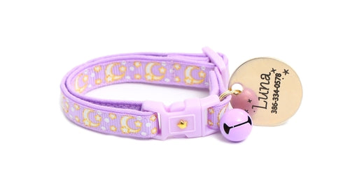 Collier Chat Or Lunes et Étoiles sur Violet Pastel