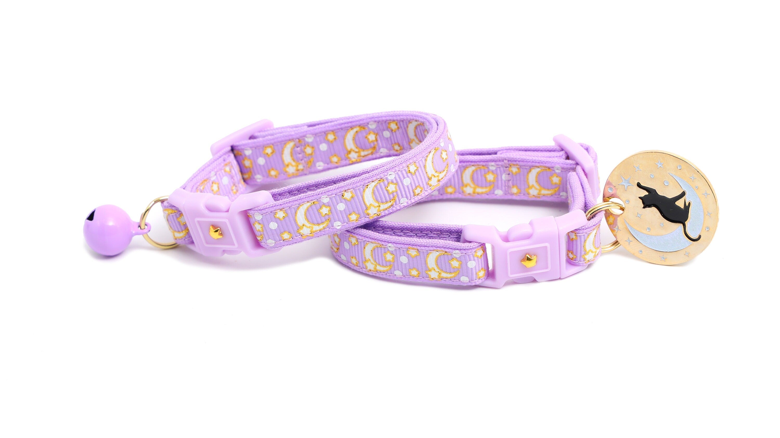 Collier Chat Or Lunes et Étoiles sur Violet Pastel