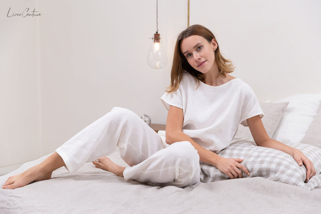 Ensemble de pyjama en lin blanc / Lin naturel / Vêtements d'intérieur en lin / Lin